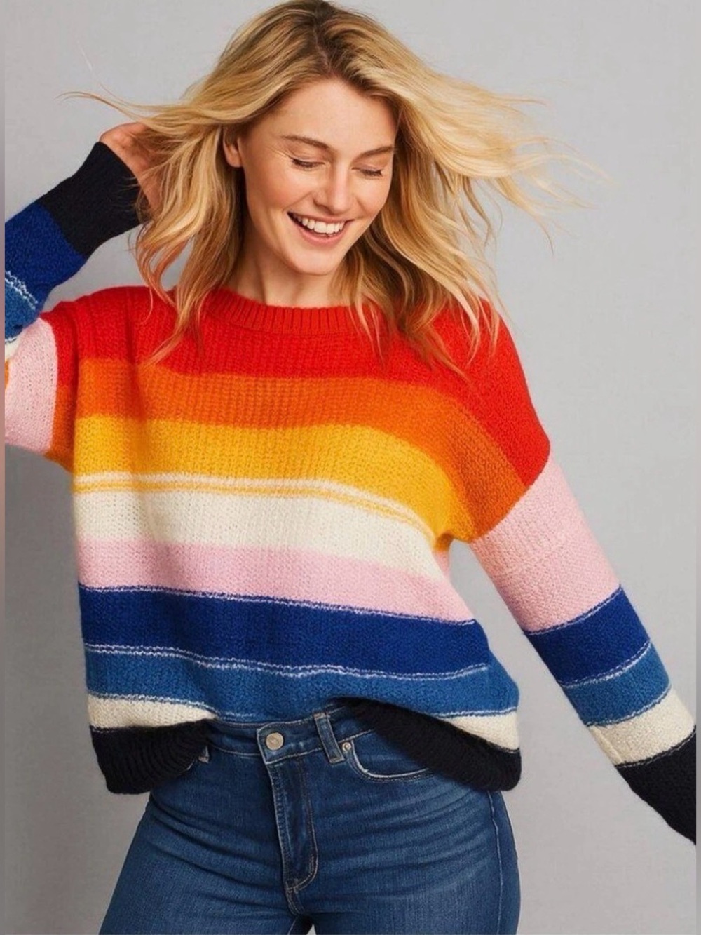 Old Navy Sweater Festive Craft Rainbow Oversized Crew Neck Wool Blend Size XS